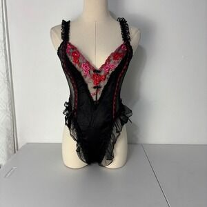 Frederick's of Hollywood Teddy Coquette Gothic Floral Mesh Ruffle Lace Women M